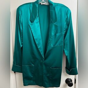 Vtg Anne Klein II Emerald Green 100% Silk Blazer Sz 10